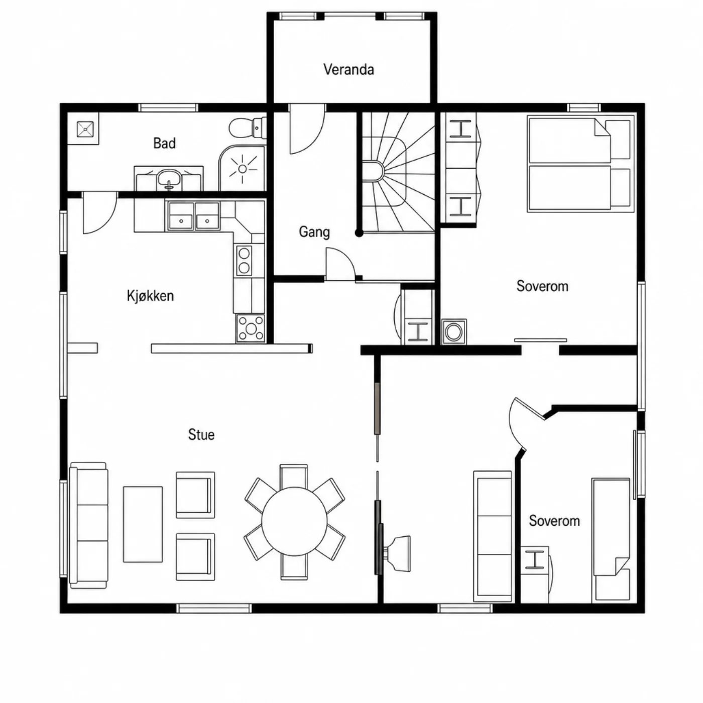Plantegning av hovedleiligheten i 2. etasje: stue, spisestue, kjøkken, bad, to soverom, gang og veranda